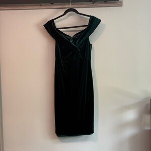 Bardot Bella off the shoulder, velvet dress. Dark green. Size small.